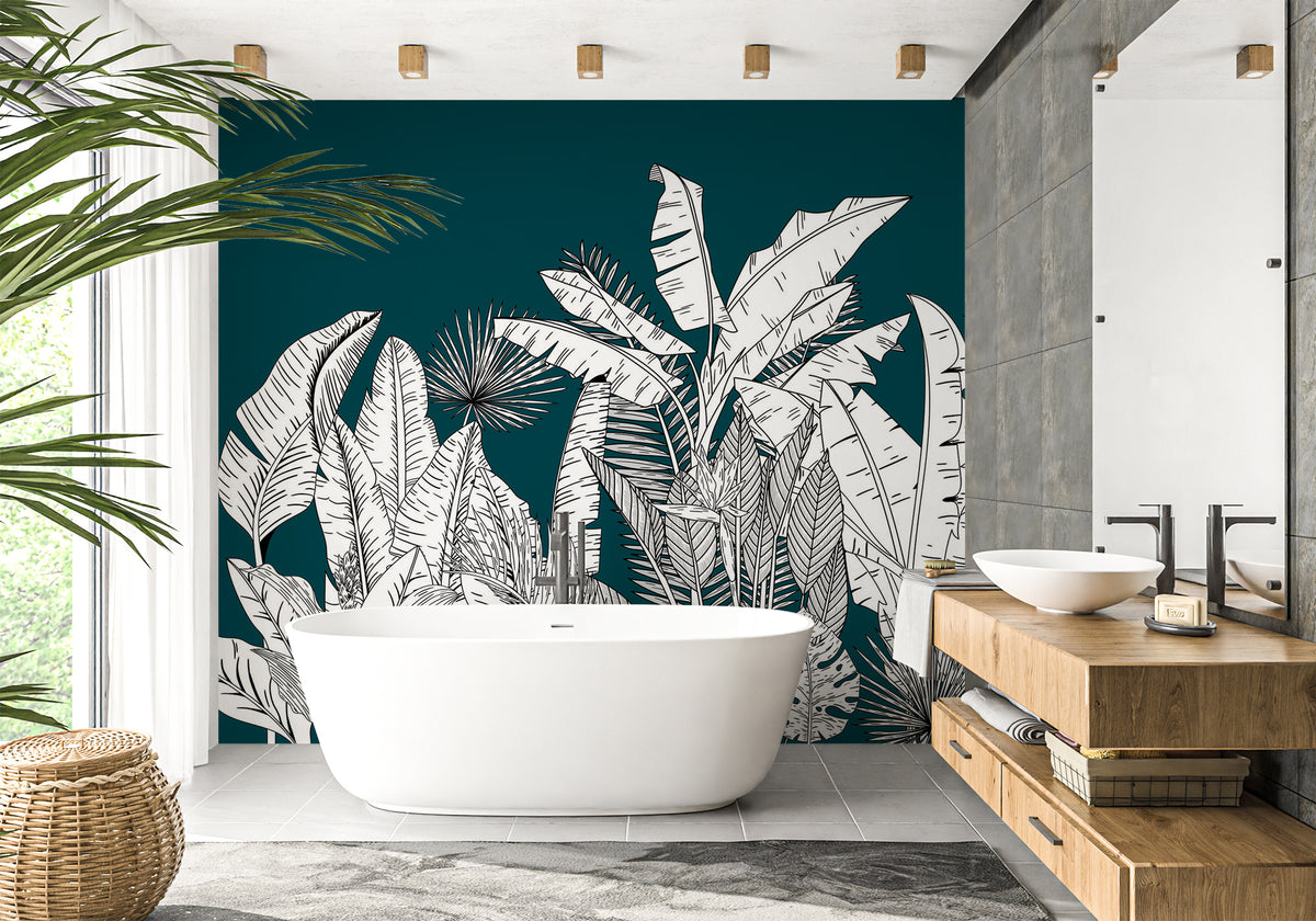 Green botanic leaf panoramic bathroom wallpaper