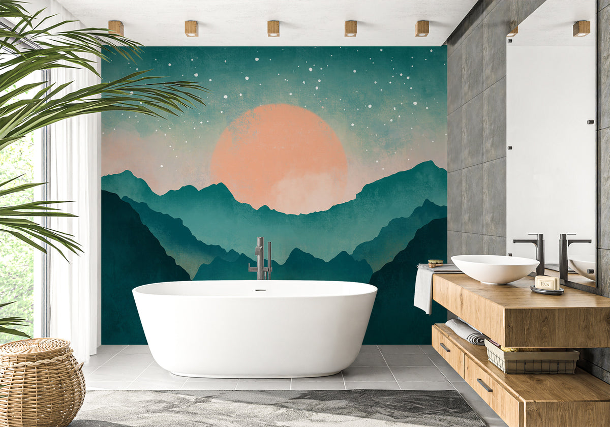 Bathroom wallpaper mountain mist turquoise