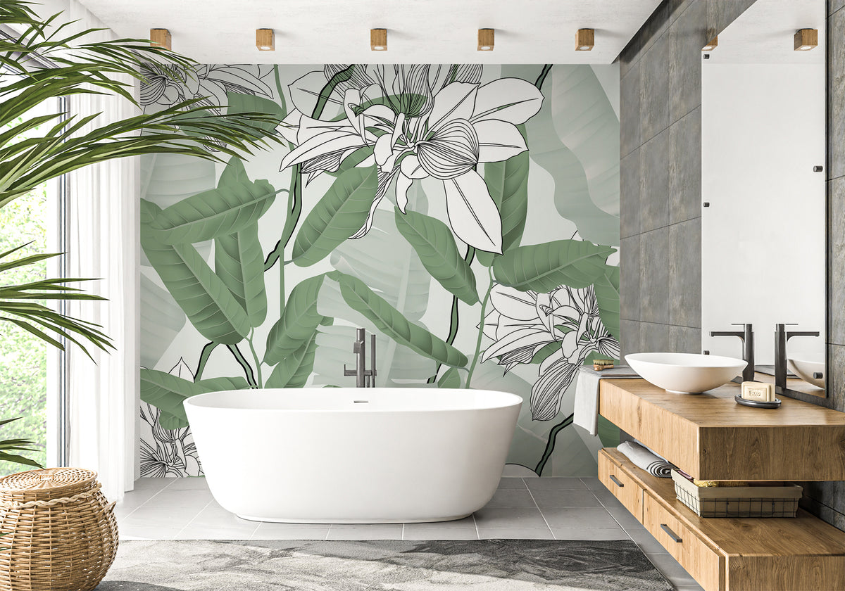 Bathroom wallpaper foliage nature green flower NB