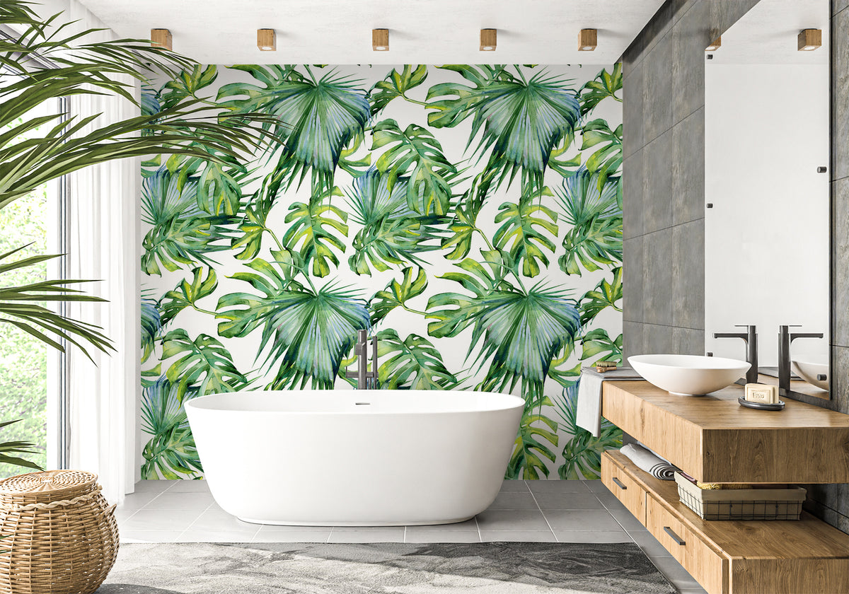 Green foliage bathroom wallpaper