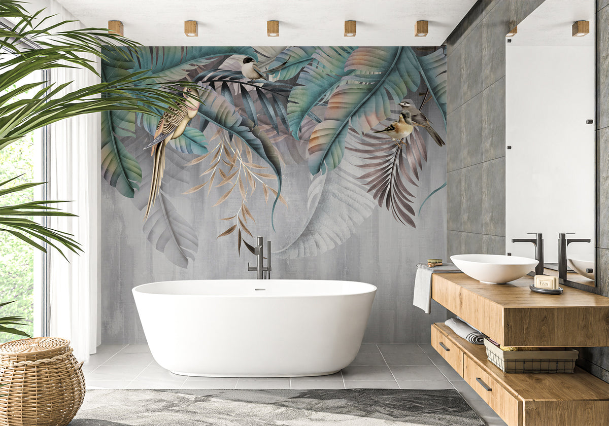 Leaves & Birds bathroom wallpaper