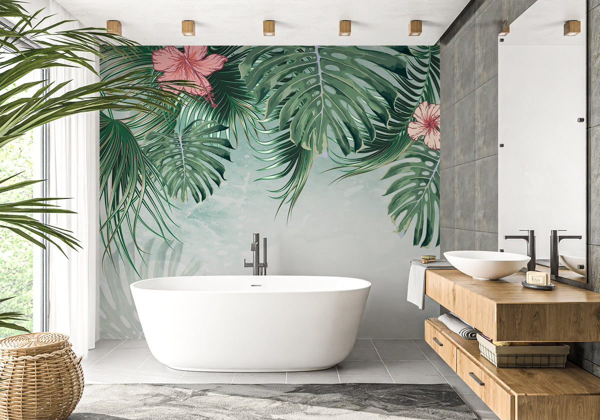 Palm blossom bathroom wallpaper