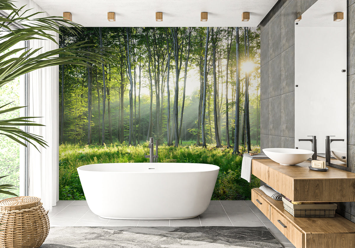 Pine forest bathroom wallpaper