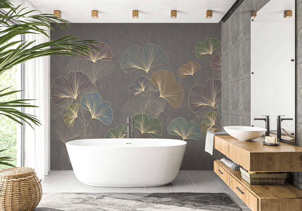 Trendy Asian Ginkgo Bathroom Wallpaper