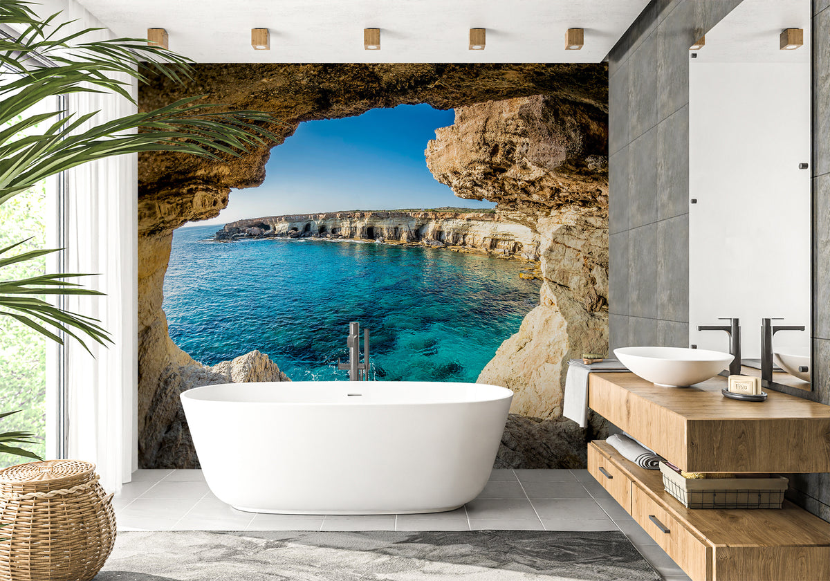 Sea cave bathroom wallpaper