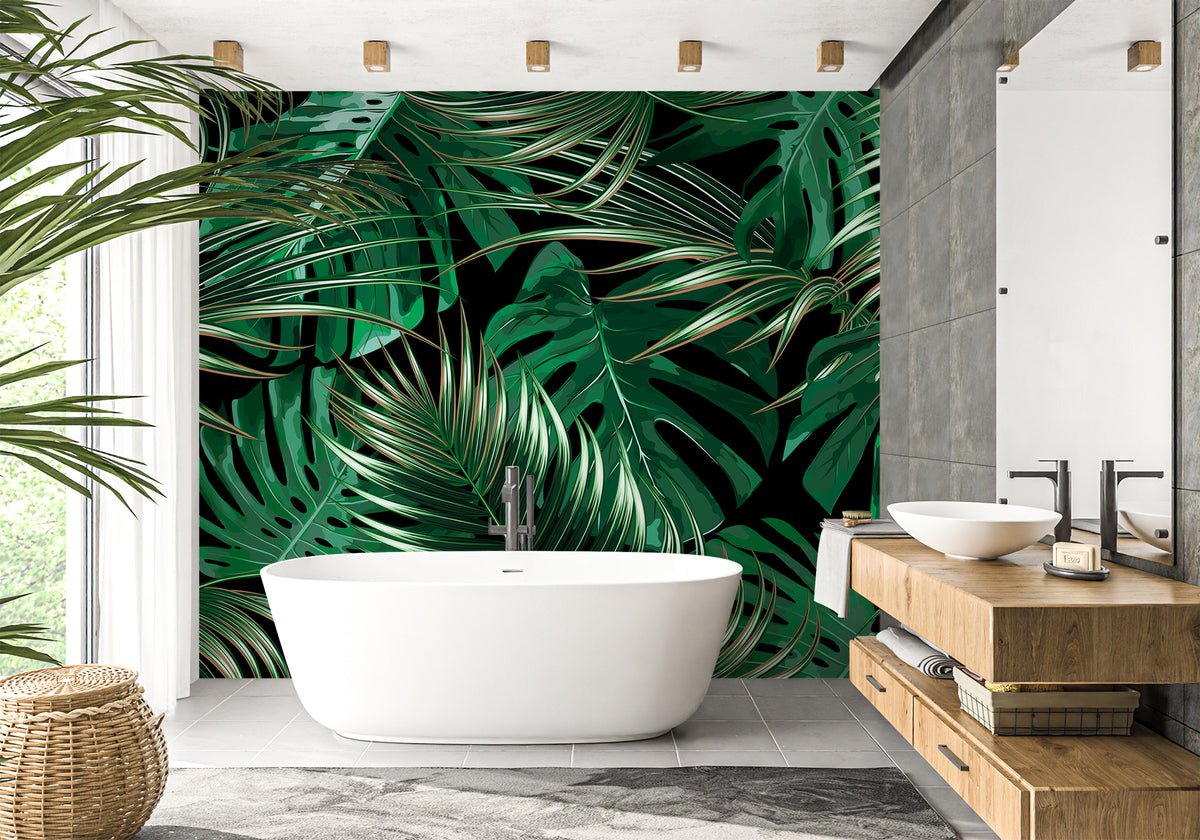 Non-woven bathroom wallpaper large green leaves