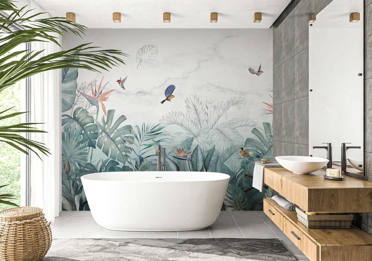 Blue marble jungle bathroom wallpaper