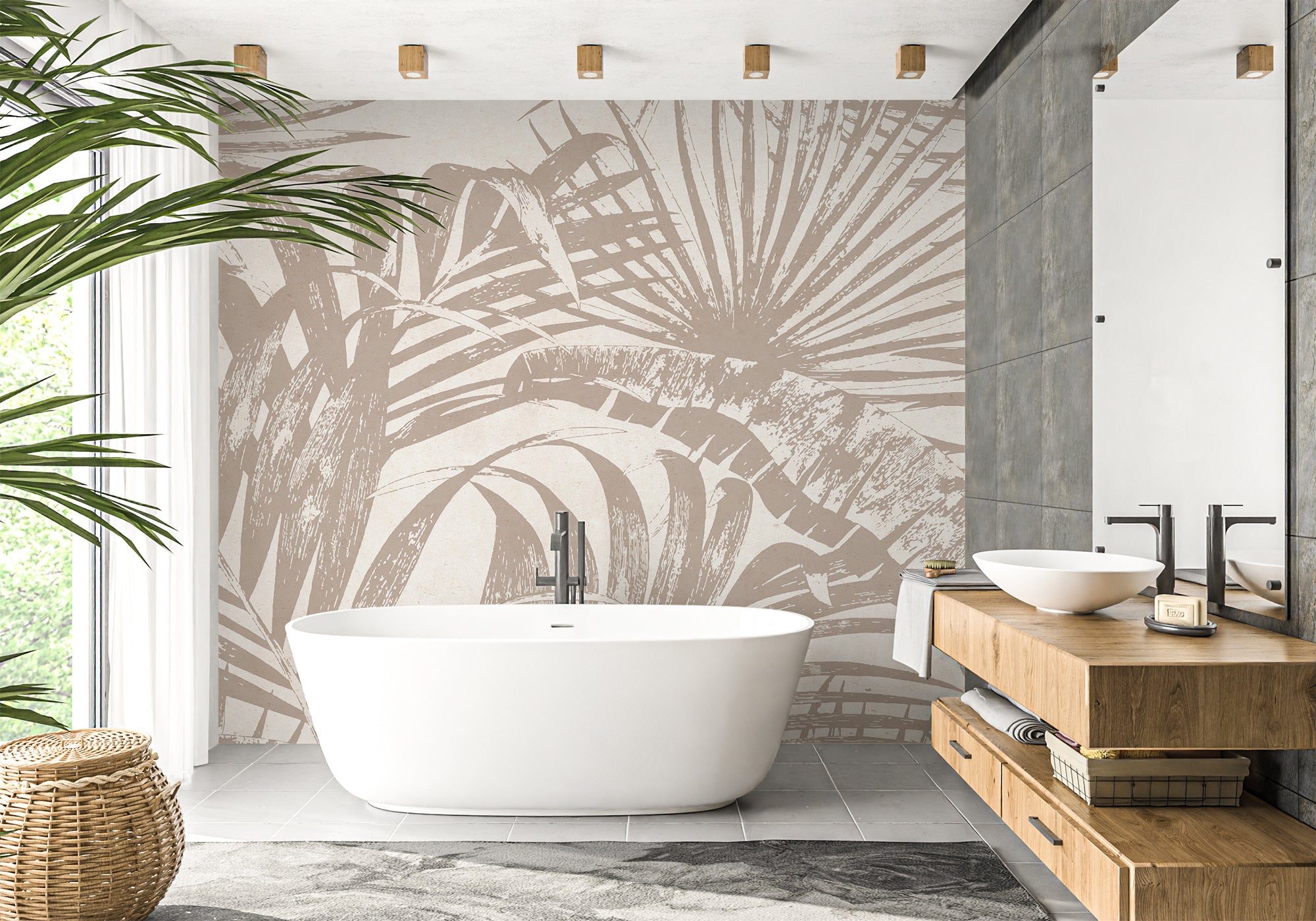 Papier peint salle de bain monochrome jungle feuille, mural concept, tendance
