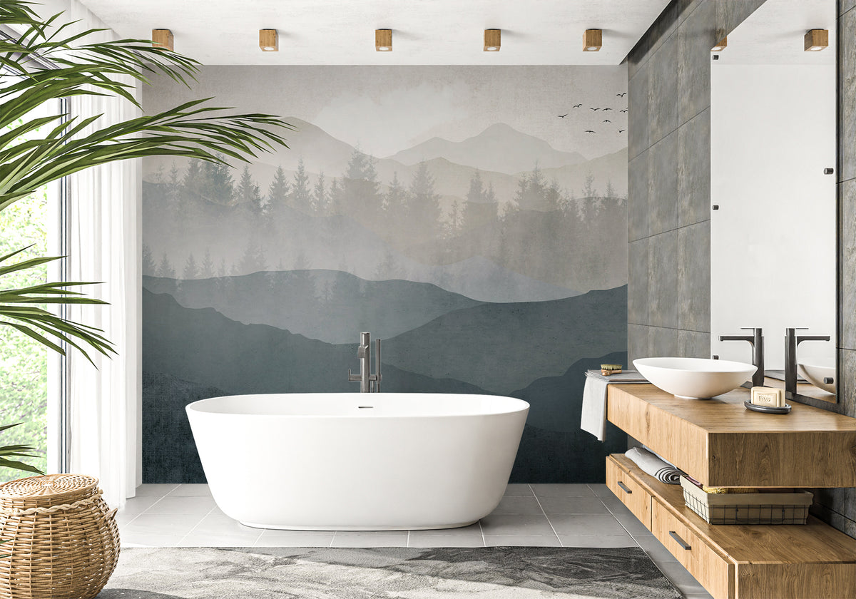 Black and white nature panorama bathroom wallpaper