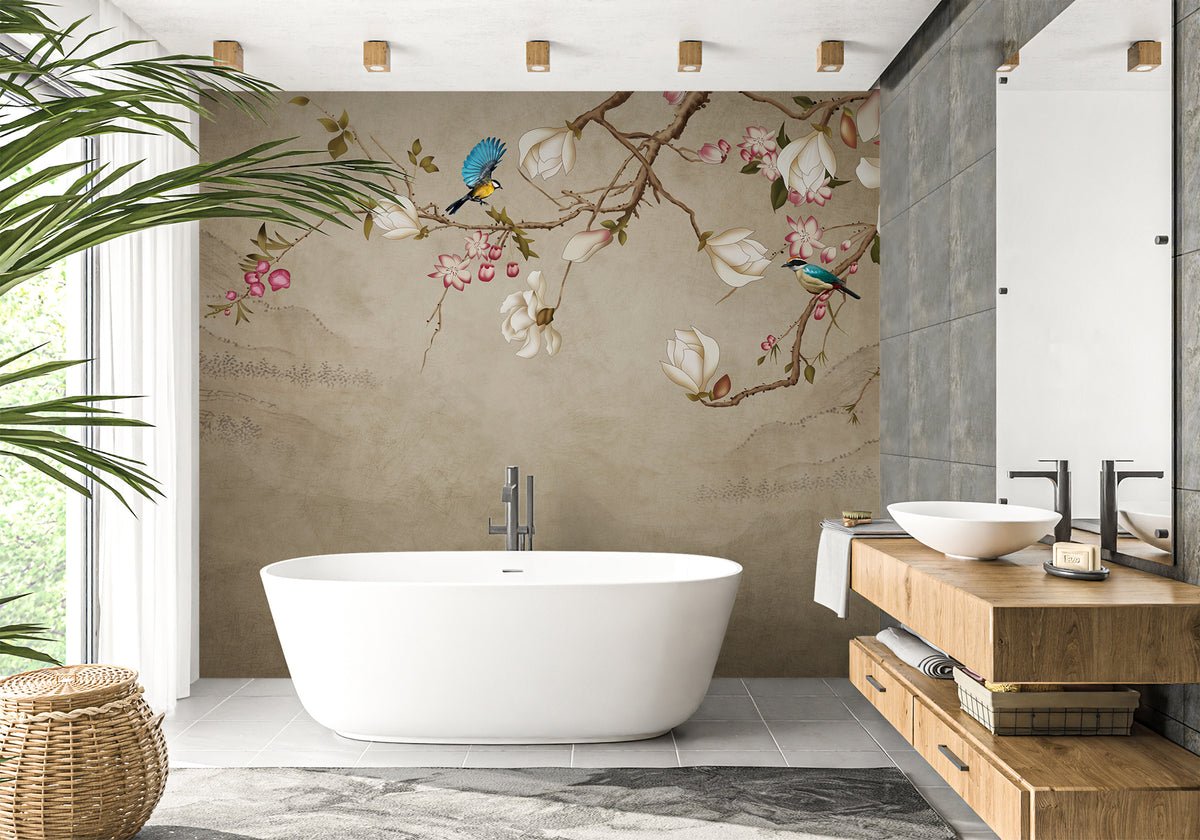 Romantic bird bathroom wallpaper