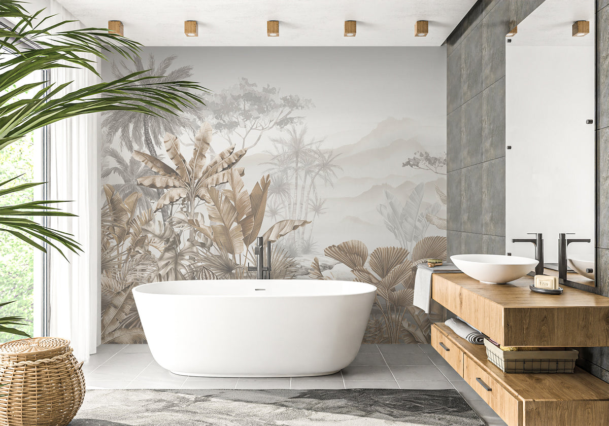 Trendy tropical sepia bathroom wallpaper