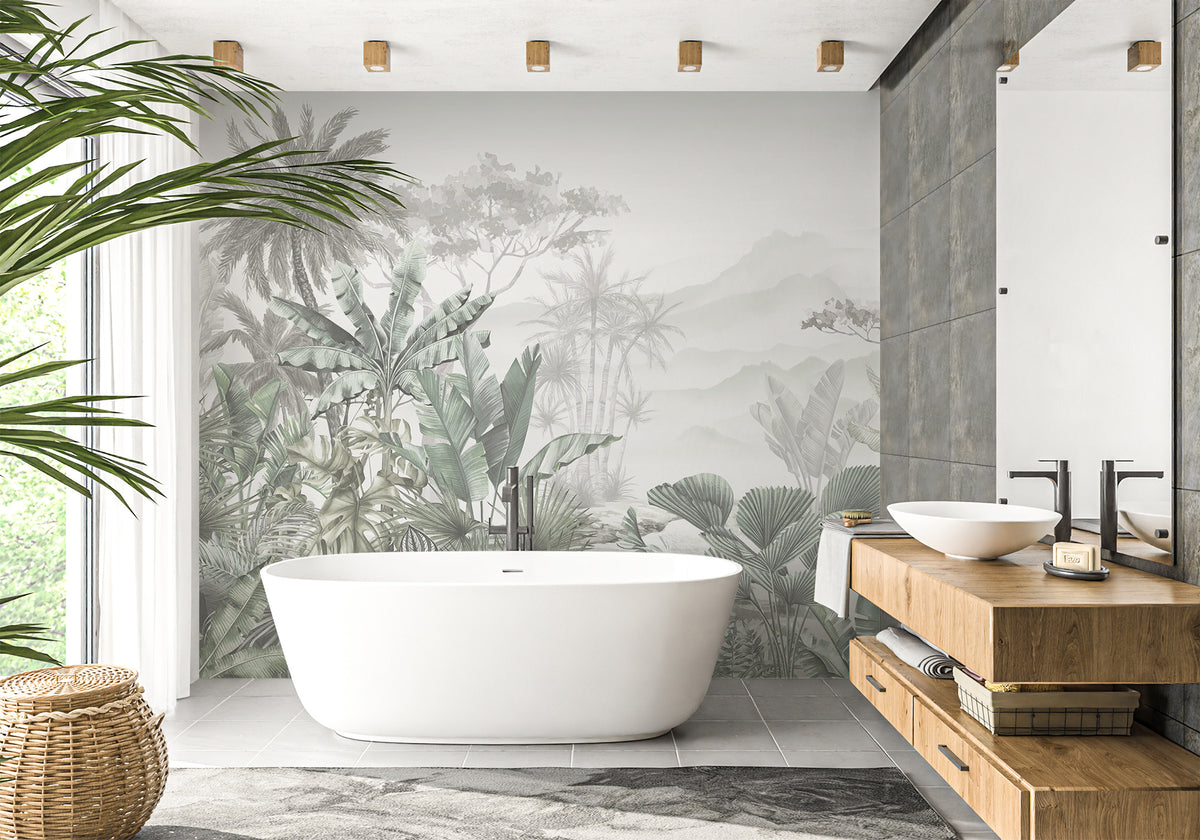 Trendy tropical green bathroom wallpaper