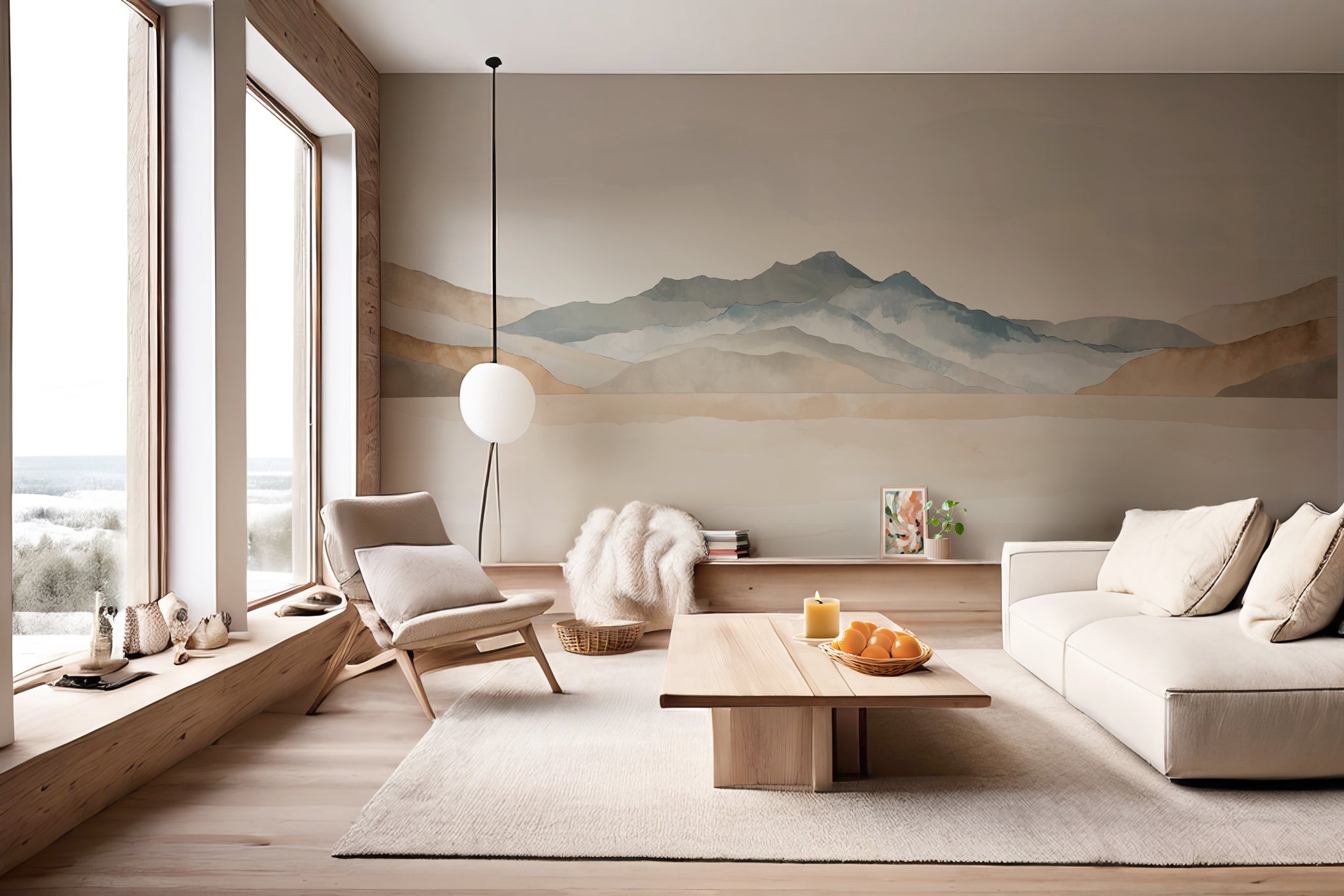 Papier peint panoramique montagne aquarelle pastel – Décor mural paysage apaisant, XXL, tendance