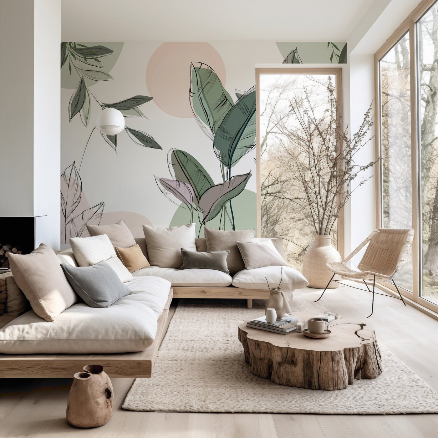 Papier peint panoramique végétal graphique vert, XXL, tendance