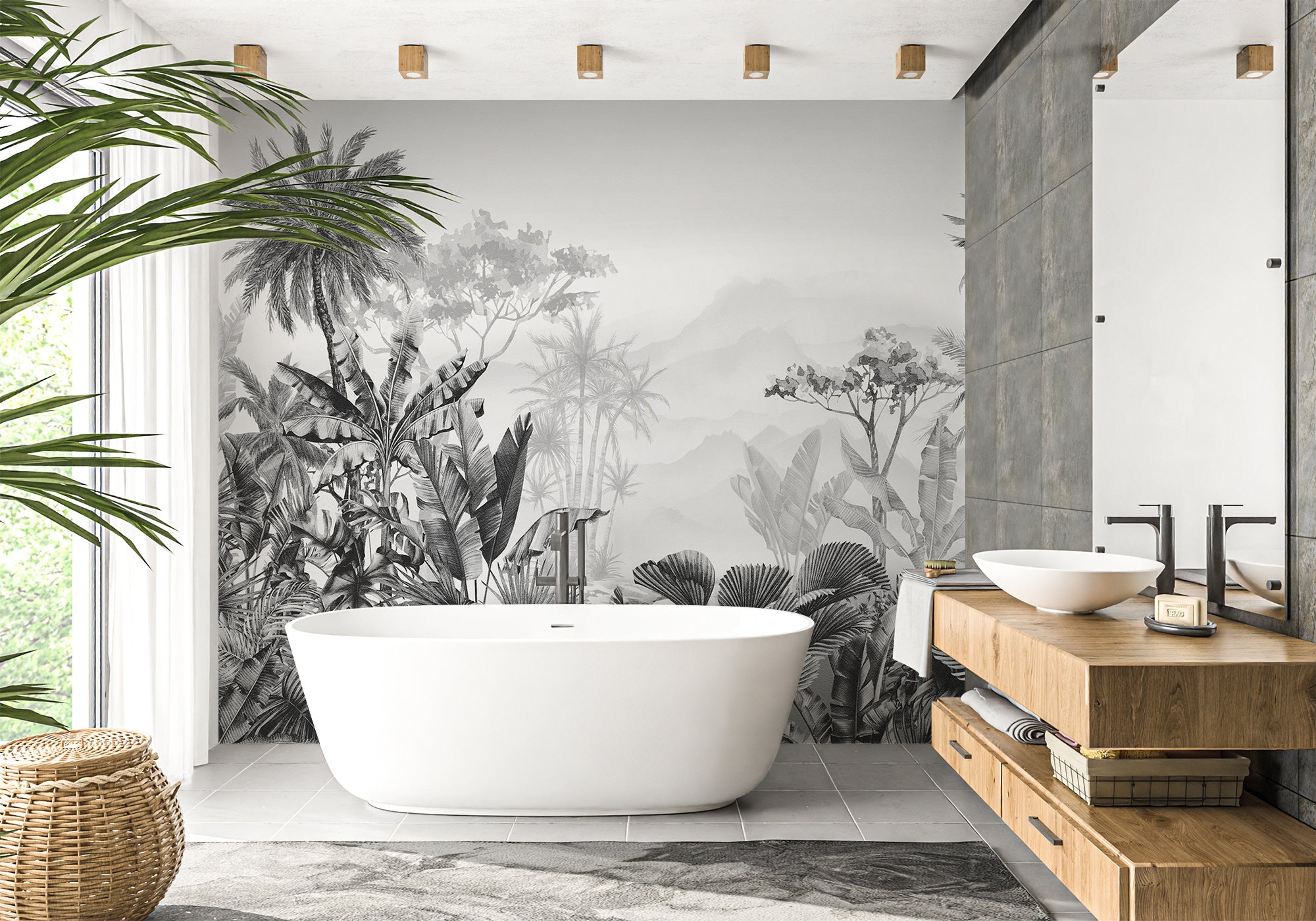Papier peint salle de bain tendance tropical noir et blanc, mural concept, tendance