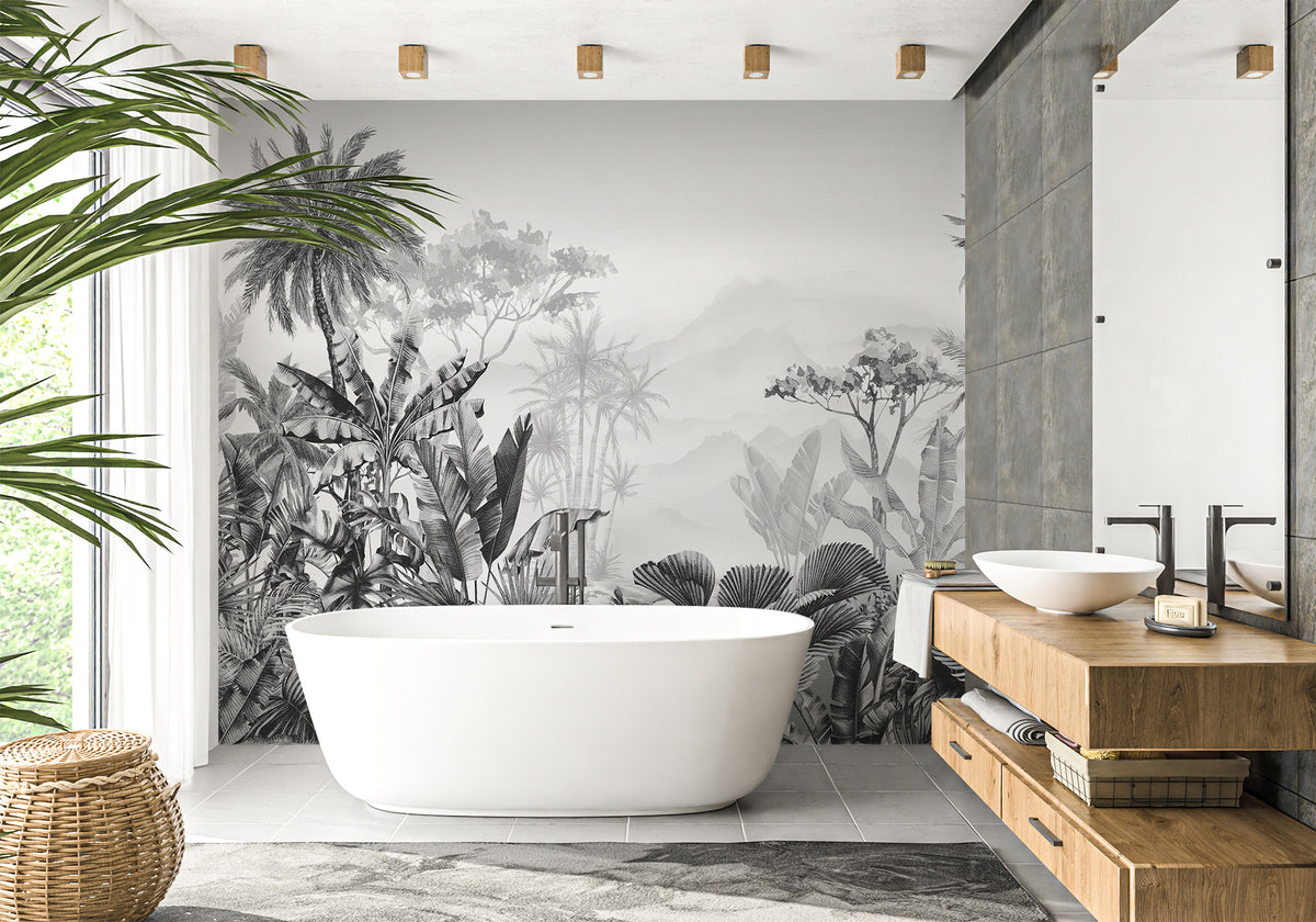 Black and white tropical trendy bathroom wallpaper