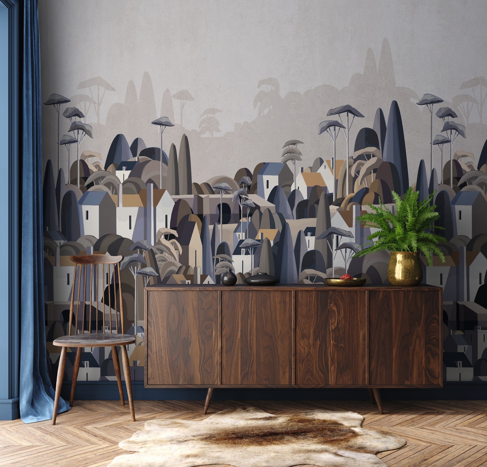 Papier peint village maisons exotiques, mural concept, tendance