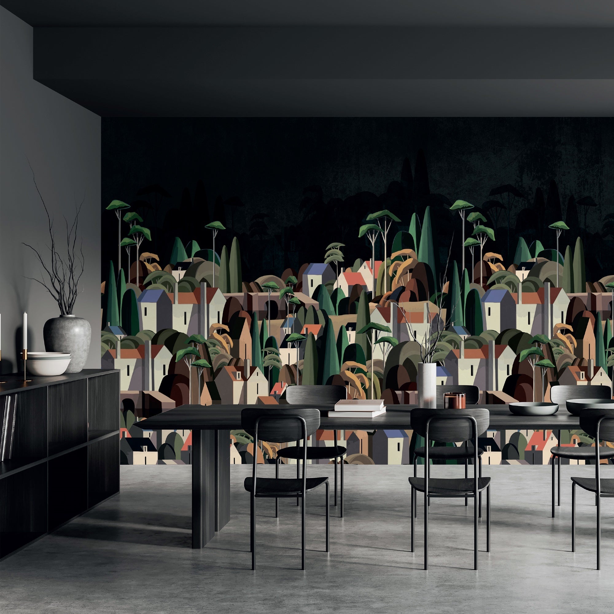 Papier peint village maisons exotiques, mural concept, tendance