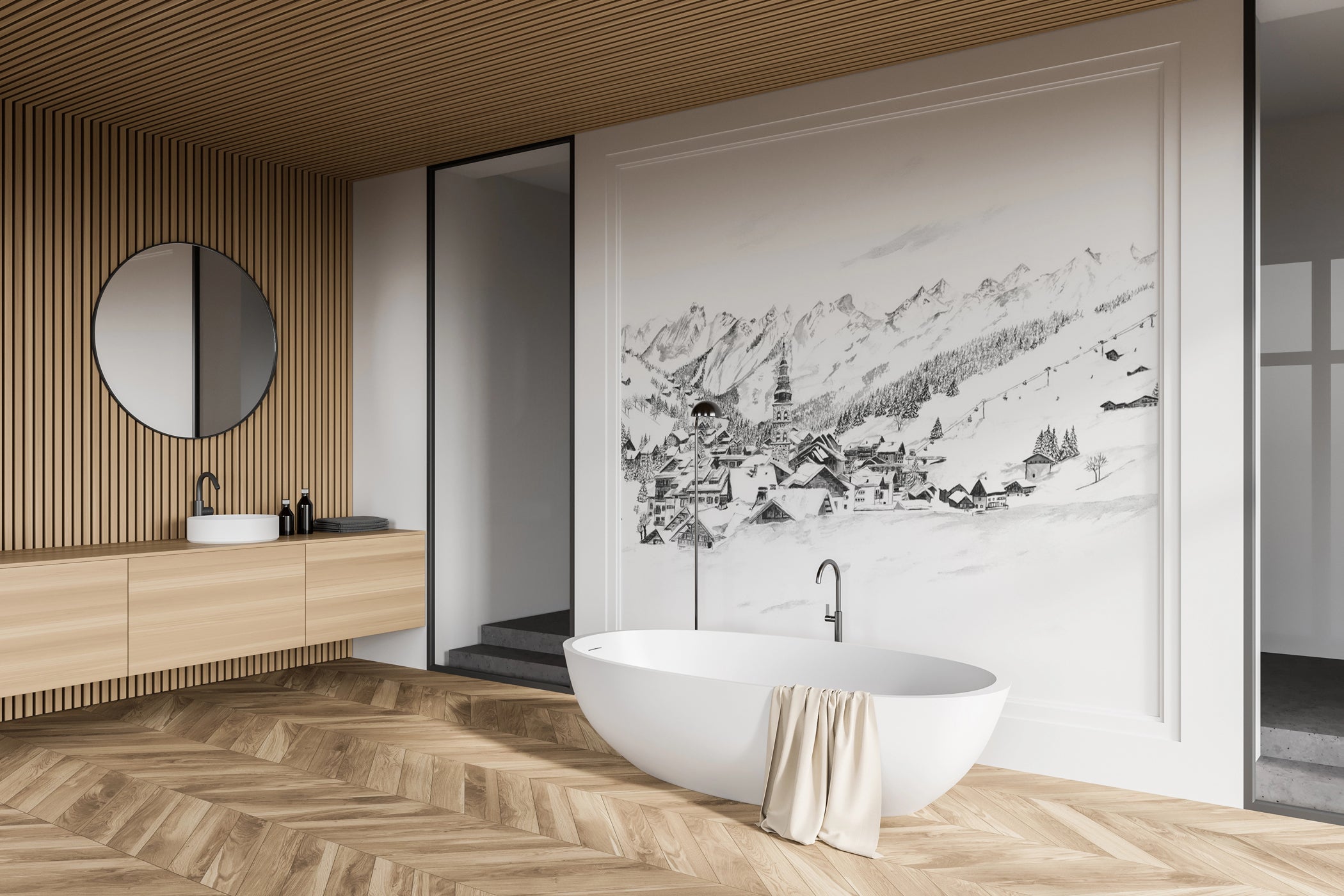 Papier peint panoramique La Clusaz en peinture - Noir et blanc