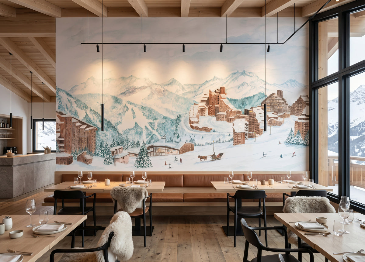 Avoriaz Panoramic Wallpaper – Skiing, Horse-Drawn Carriage, Mountains in Watercolor