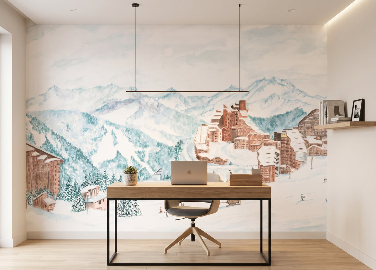 Avoriaz Panoramic Wallpaper – Skiing, Horse-Drawn Carriage, Mountains in Watercolor