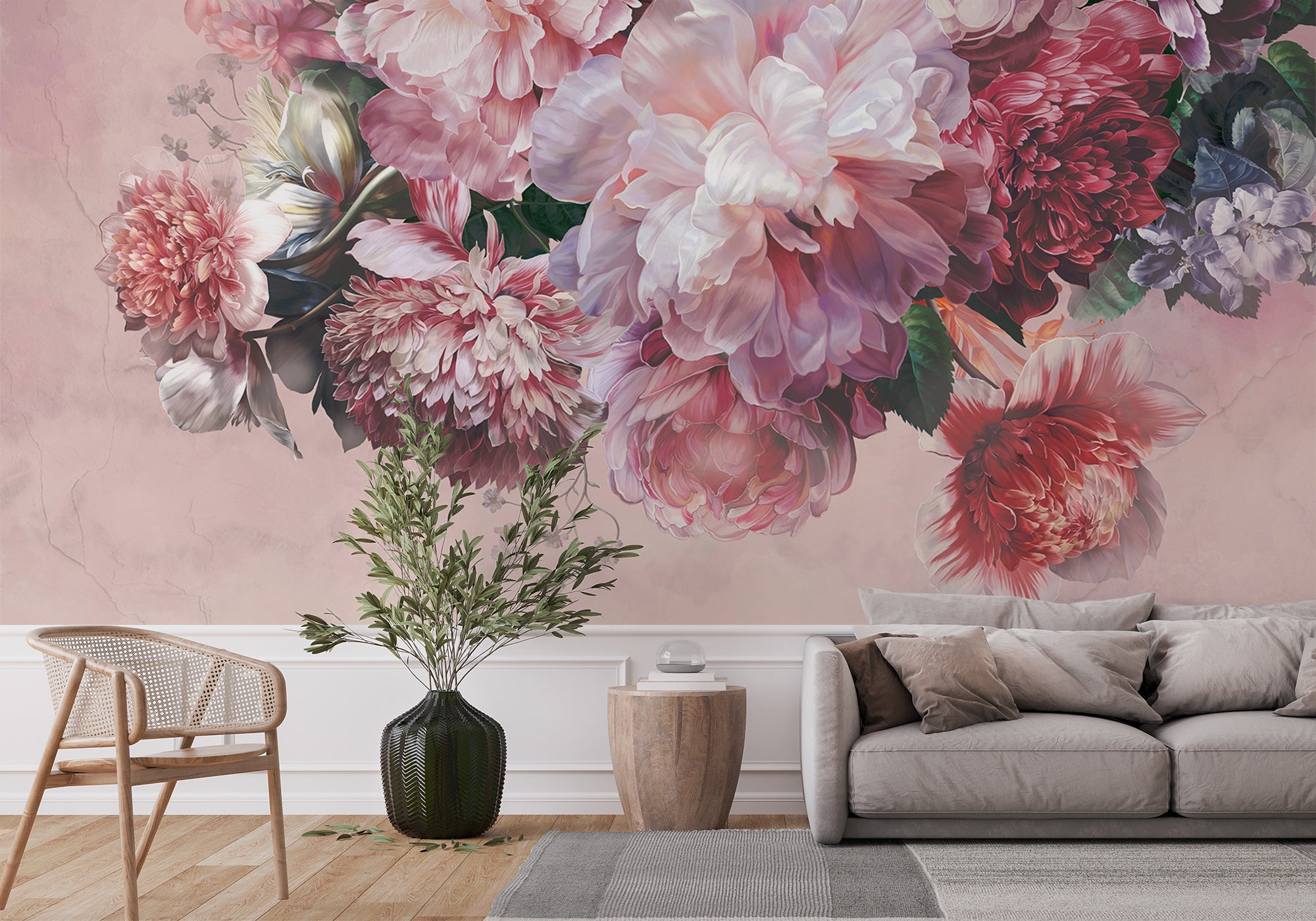 Papier peint panoramique pivoines rosé, mural concept, tendance