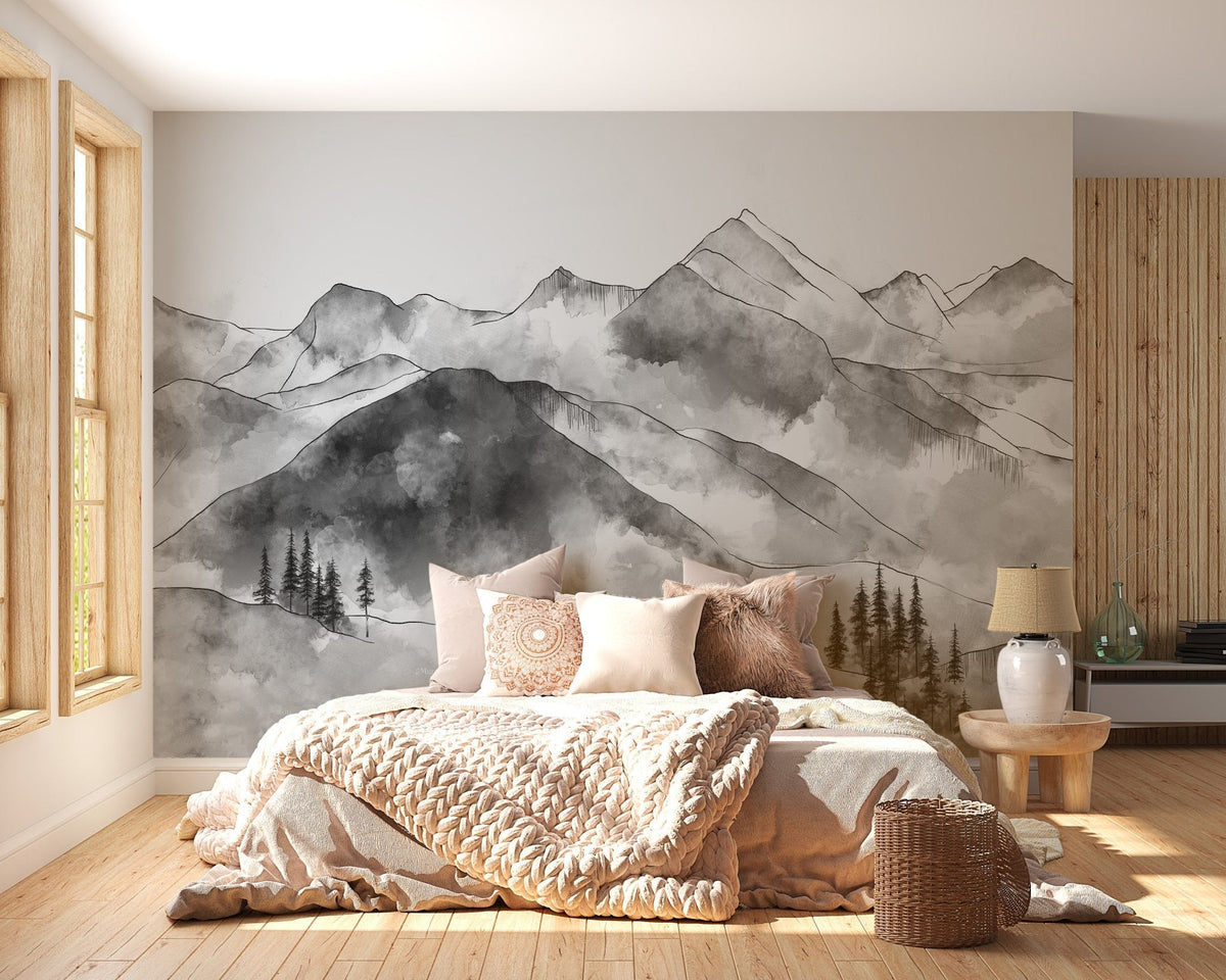Papier peint montagne chaine des Aravis noir et blanc