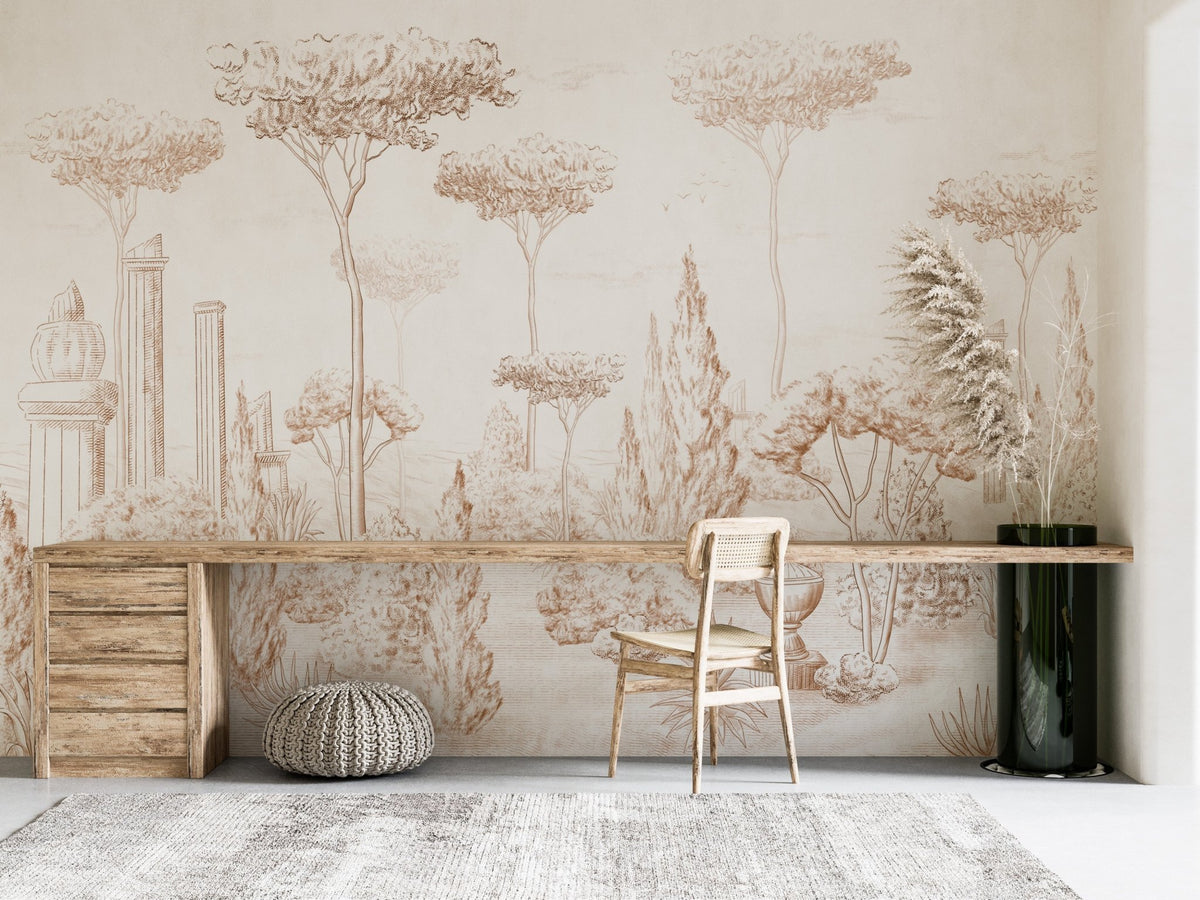 Roman style wallpaper pine forest sepia