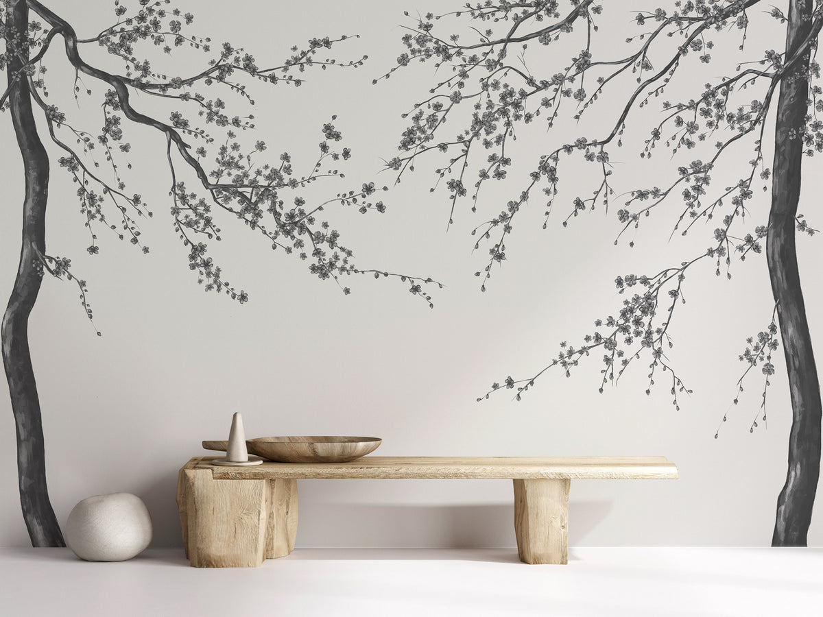 Black and white Sakura flower panoramic wallpaper