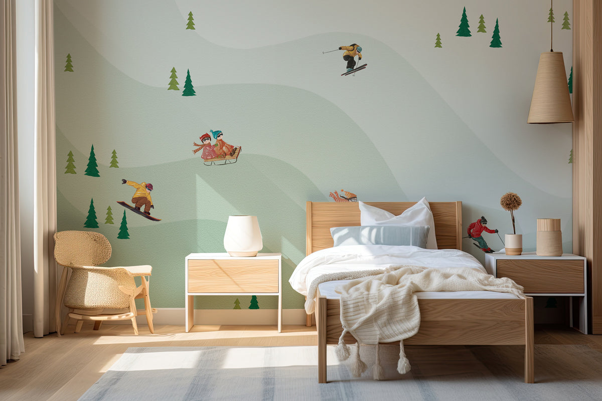 Children's wallpaper skiers green