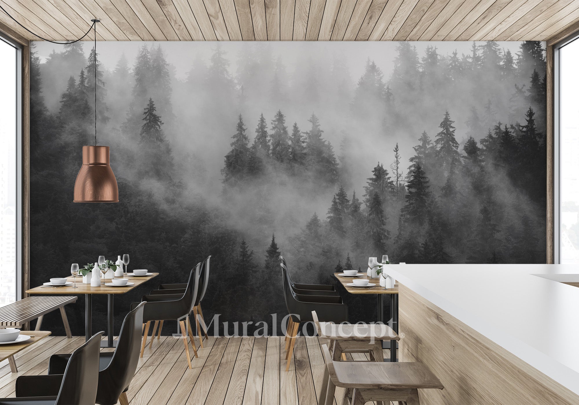 Papier peint forêt brumeuse noir et blanc - panoramique sur mesure francais - muralconcept