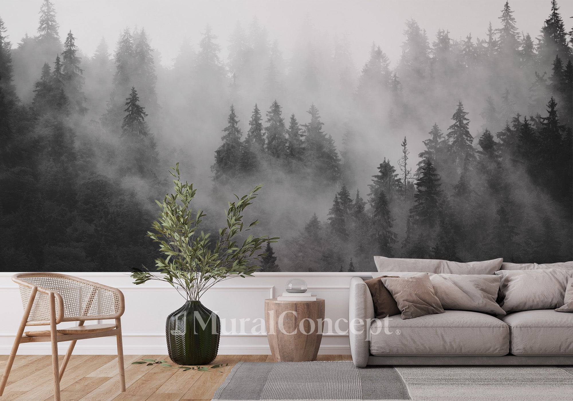 Papier peint forêt brumeuse noir et blanc - panoramique sur mesure francais - muralconcept