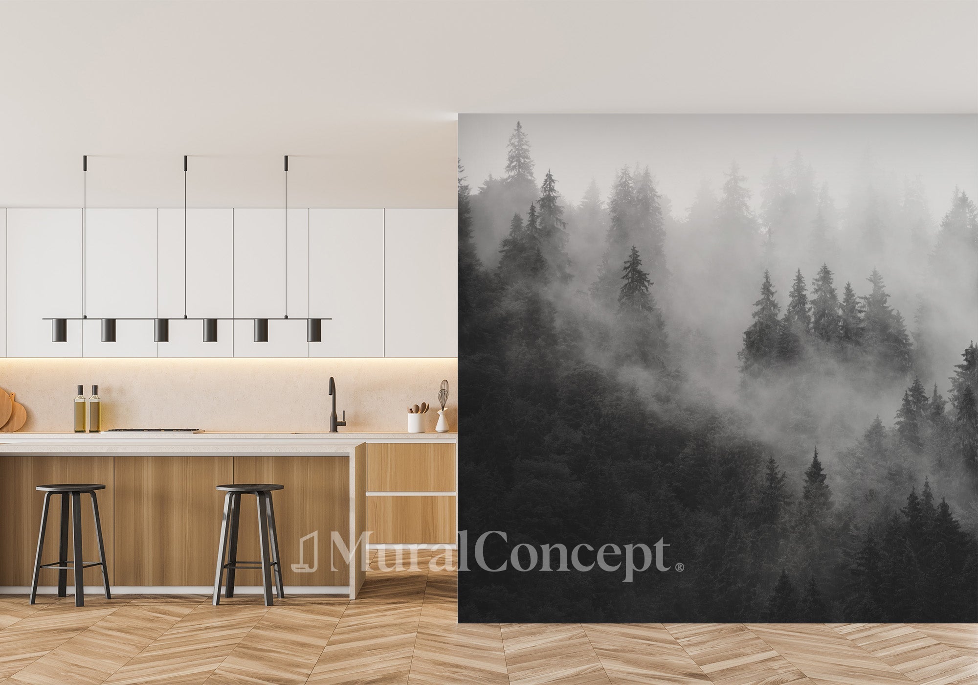 Papier peint forêt brumeuse noir et blanc - panoramique sur mesure francais - muralconcept