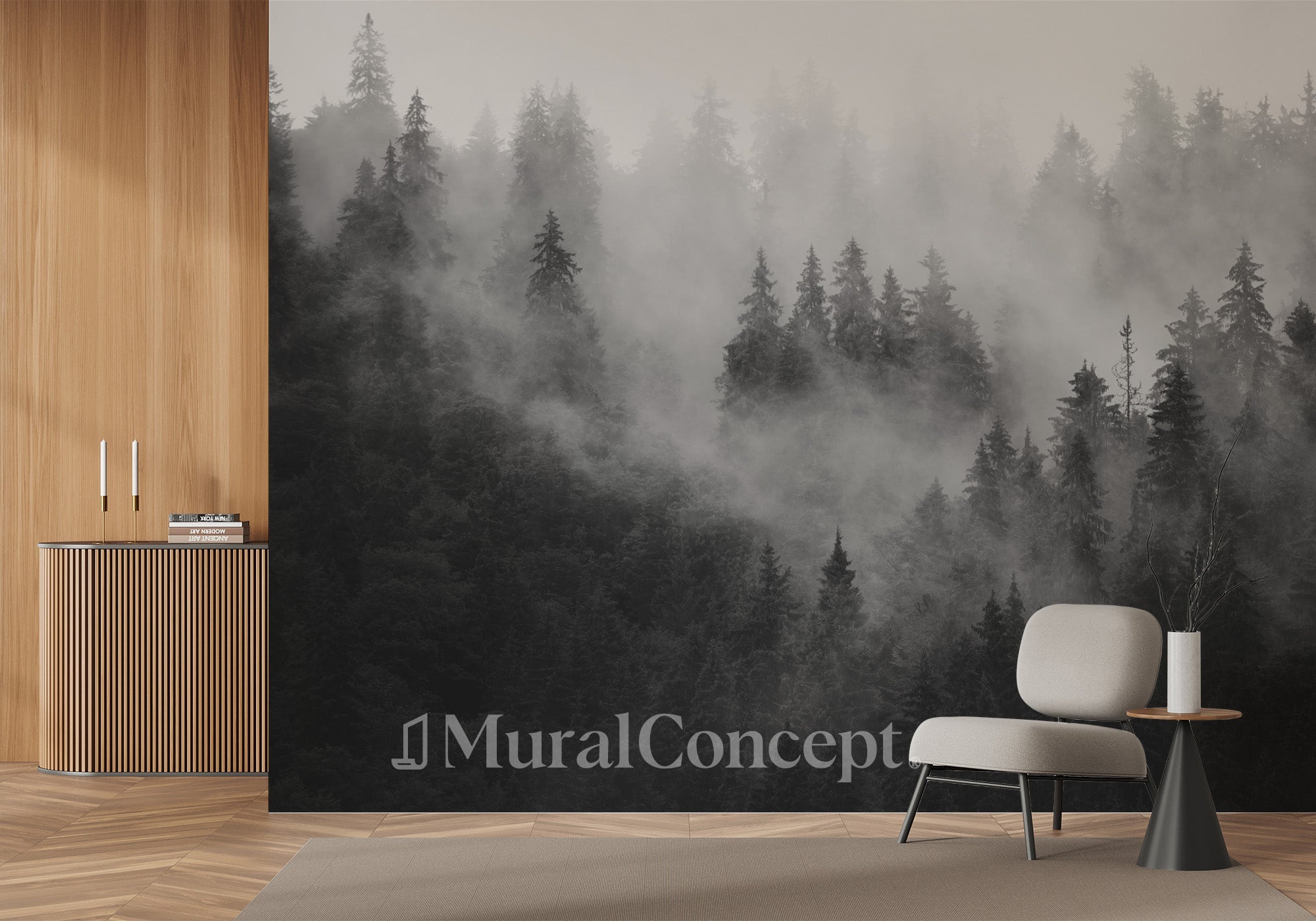 Papier peint forêt brumeuse noir et blanc - panoramique sur mesure francais - muralconcept