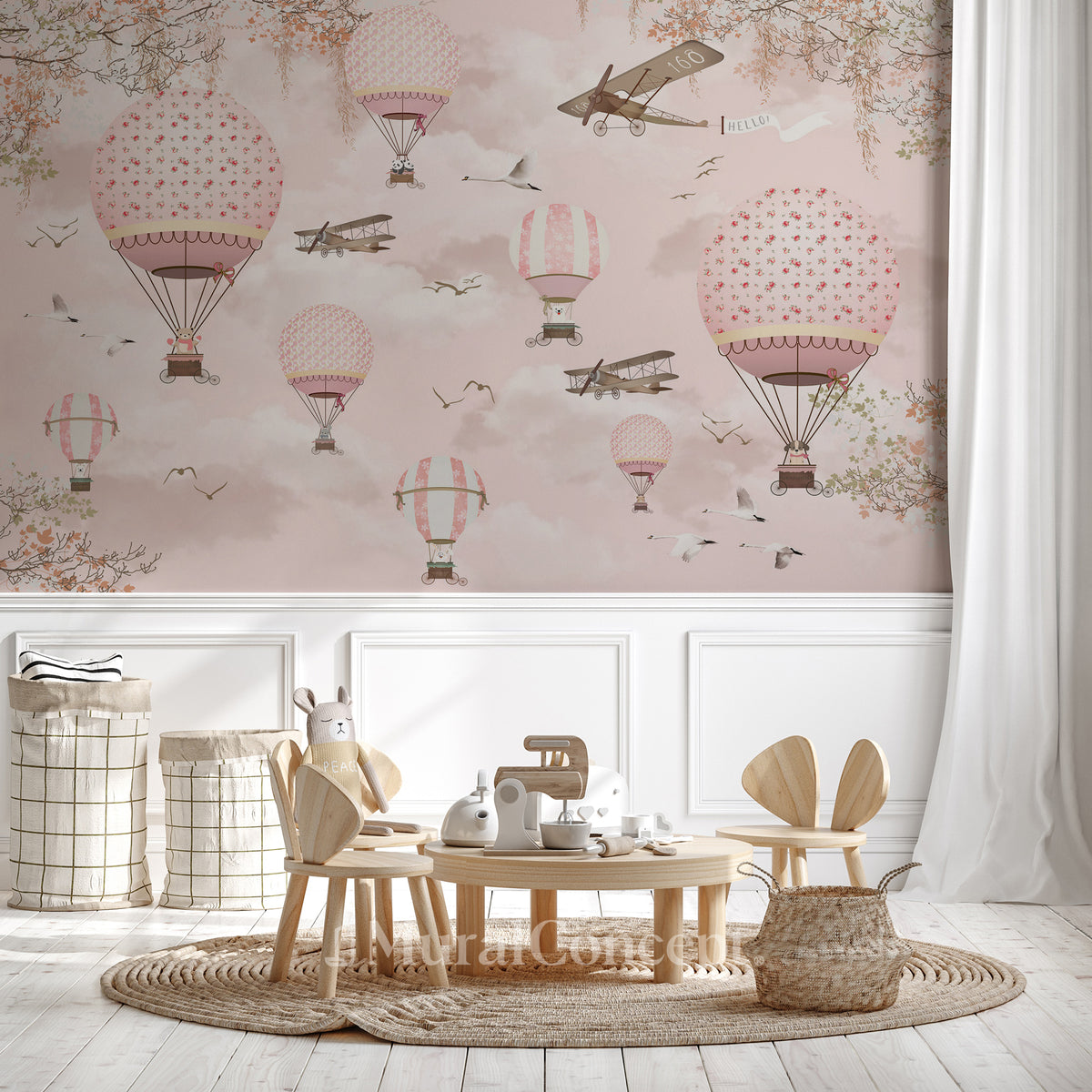 Peach Pink Hot Air Balloon Animals Wallpaper