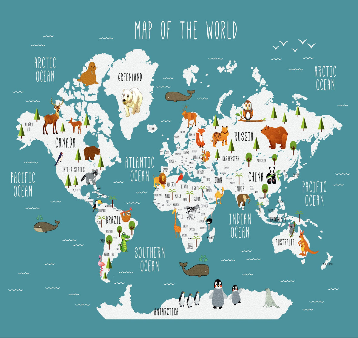 VP Wallpaper Illustrated World Map Animals Duck Blue L352cm x H253cm