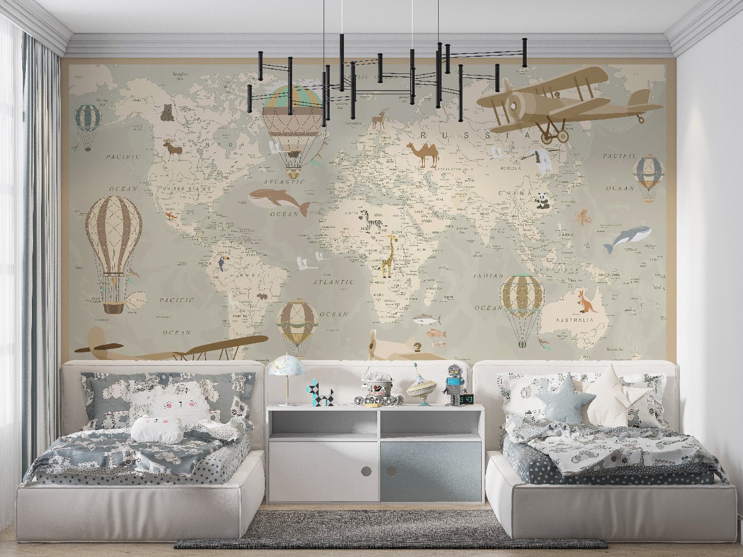 Papier peint enfant carte du monde aviateur - papier peint sur mesure francais - muralconcept