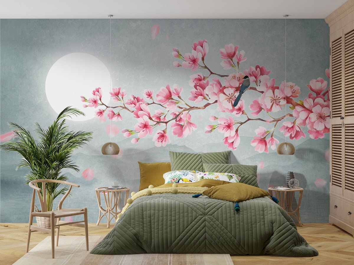 Trendy poetic cherry floral wallpaper