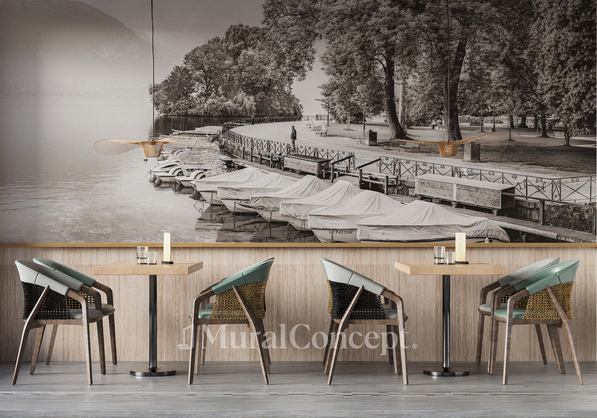 Restaurant contemplation lac d'Annecy sepia wallpaper