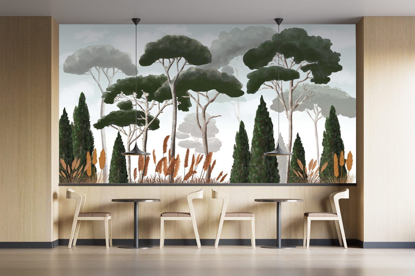Papier peint sur mesure cyprès pins et herbes de la pampa - papier peint sur mesure francais - muralconcept