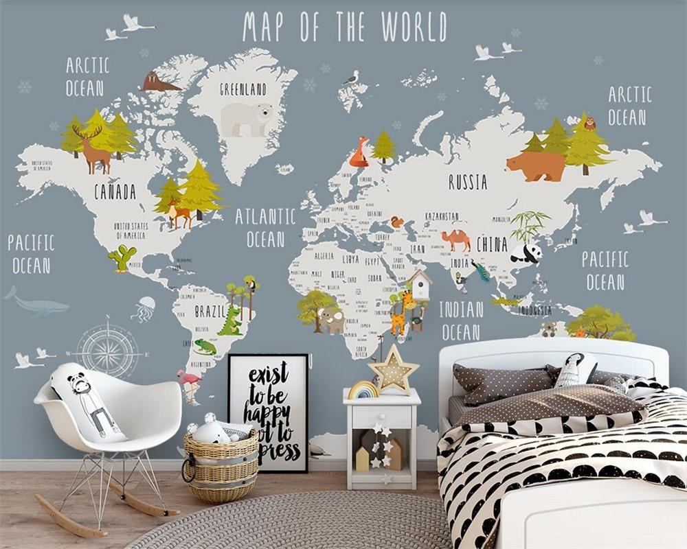 Children's bedroom wallpaper map animals grey