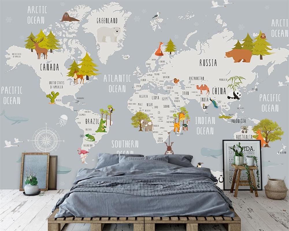 Papier peint chambre enfant map animaux gris clair