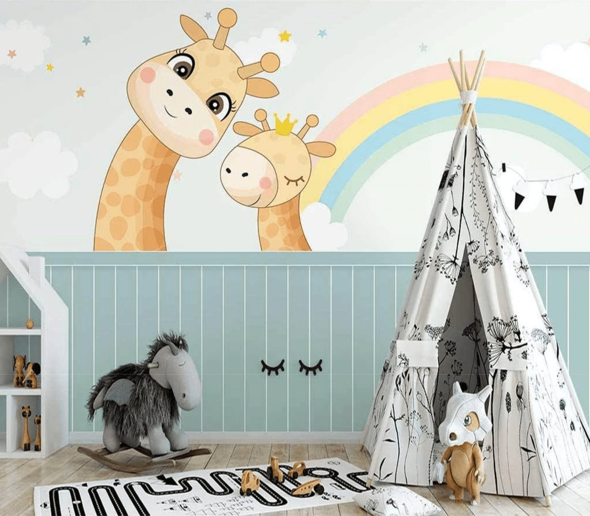 Scandinavian giraffe baby room wallpaper