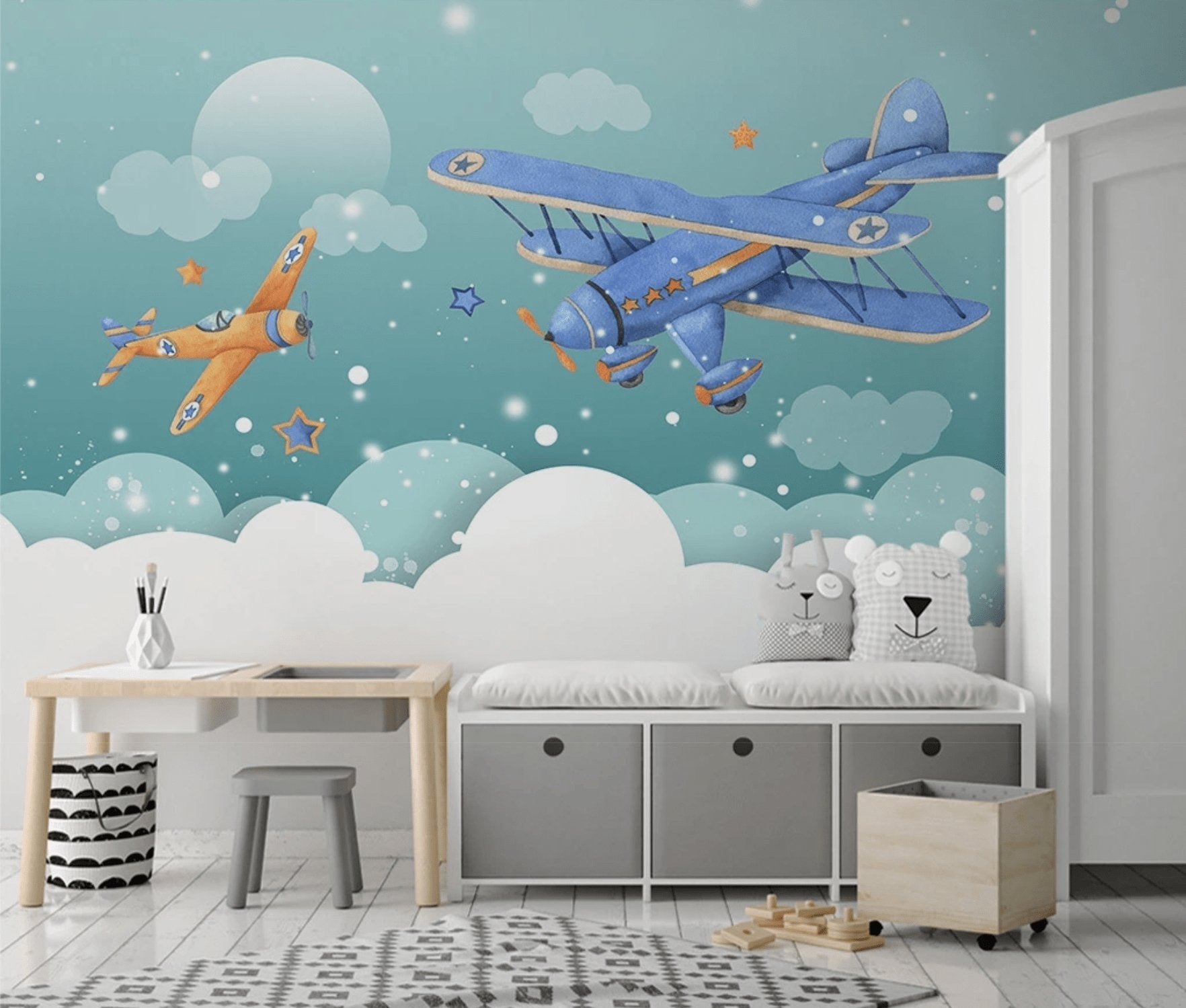 Papier peint chambre enfant avion neige - papier peint sur mesure francais - muralconcept