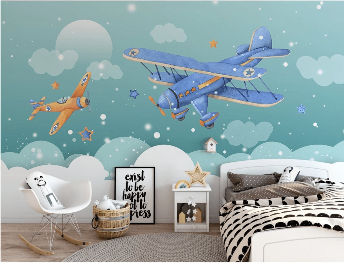 Snow plane children's bedroom wallpaper