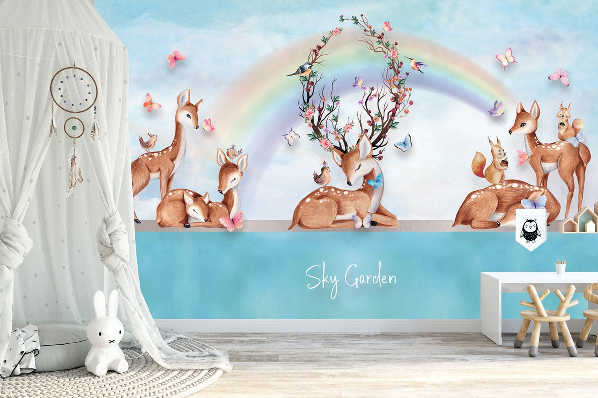 Children's bedroom wallpaper with sweet rainbow deer