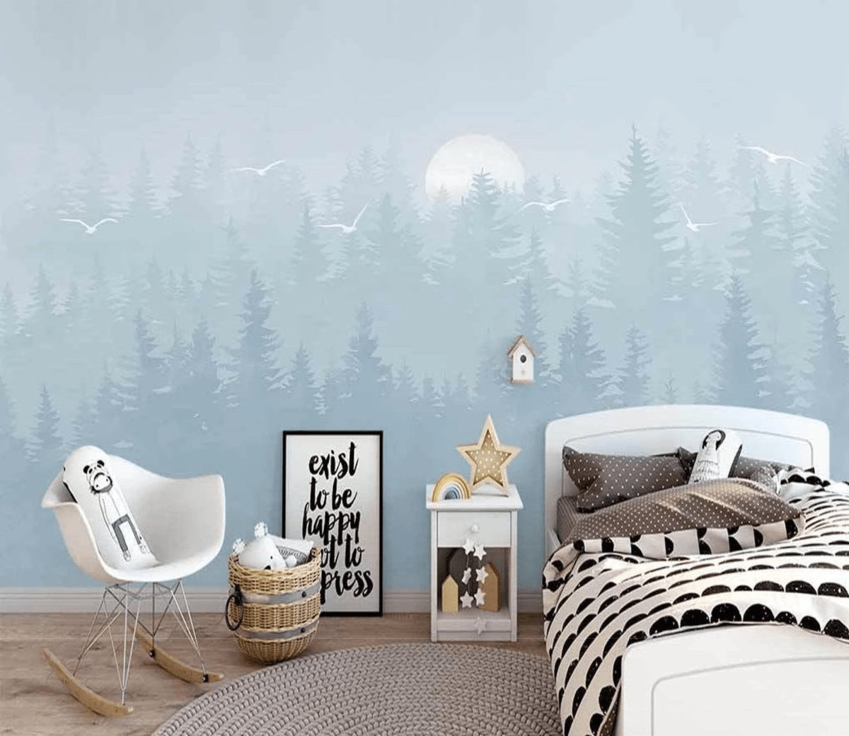 Scandinavian forest blue moonlight children's bedroom wallpaper