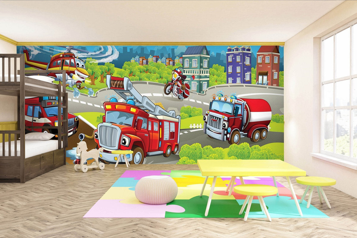 Children's wallpaper truck car & helicopter