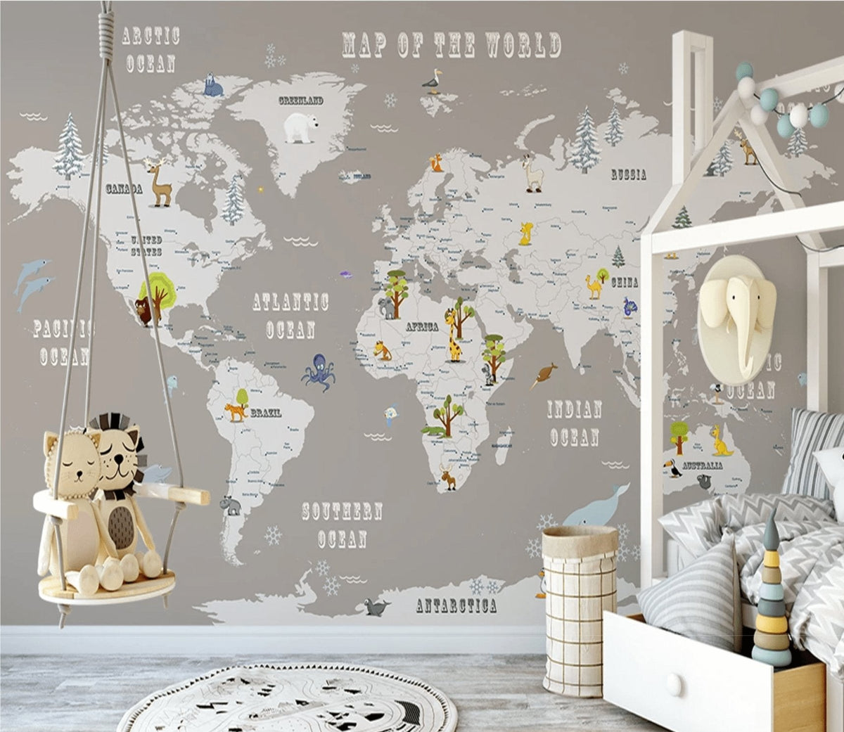 Children's wallpaper World map taupe color