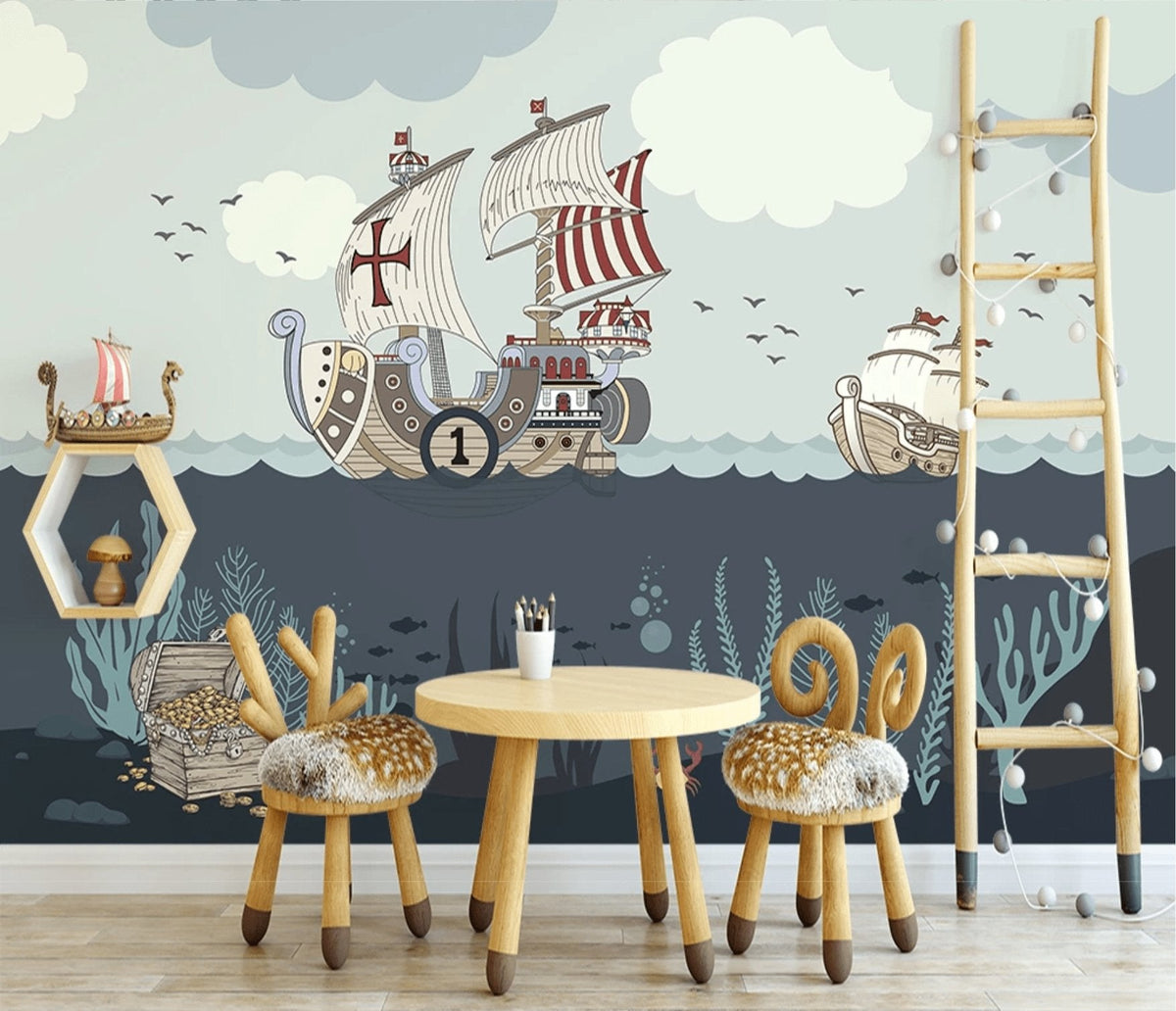 Children's wallpaper pirate ship cabin boy sea